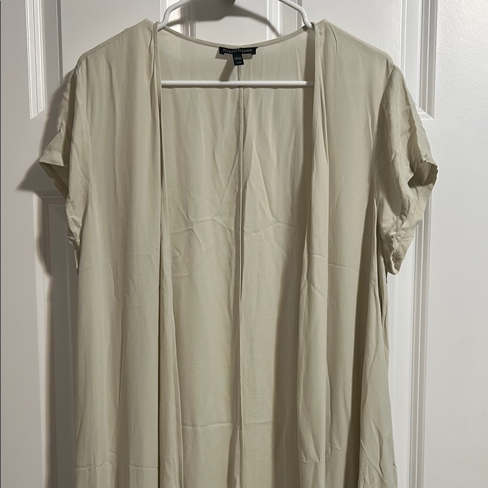 Eileen Fisher Cream 100% Silk Open Front Long Lined Cardigan sz Large